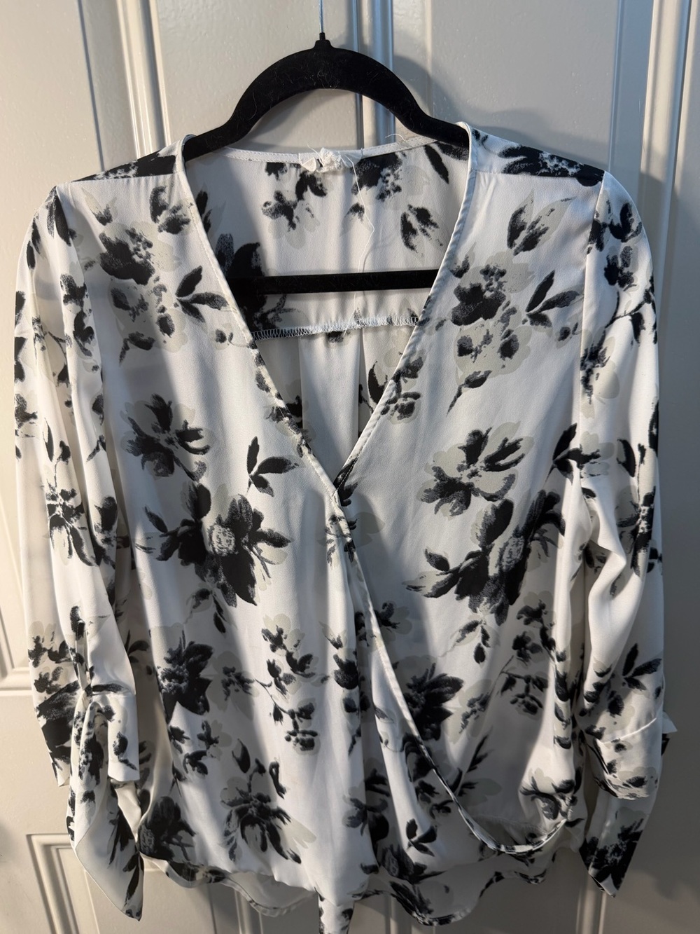 Floral Wrap V-Neck Blouse in Black & White